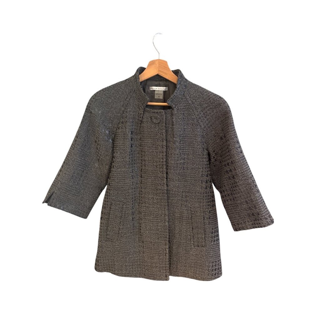 Peter Nygard Womens Textured Metallic Jacket Size 8 Gray 3/4 Sleeve Open Front